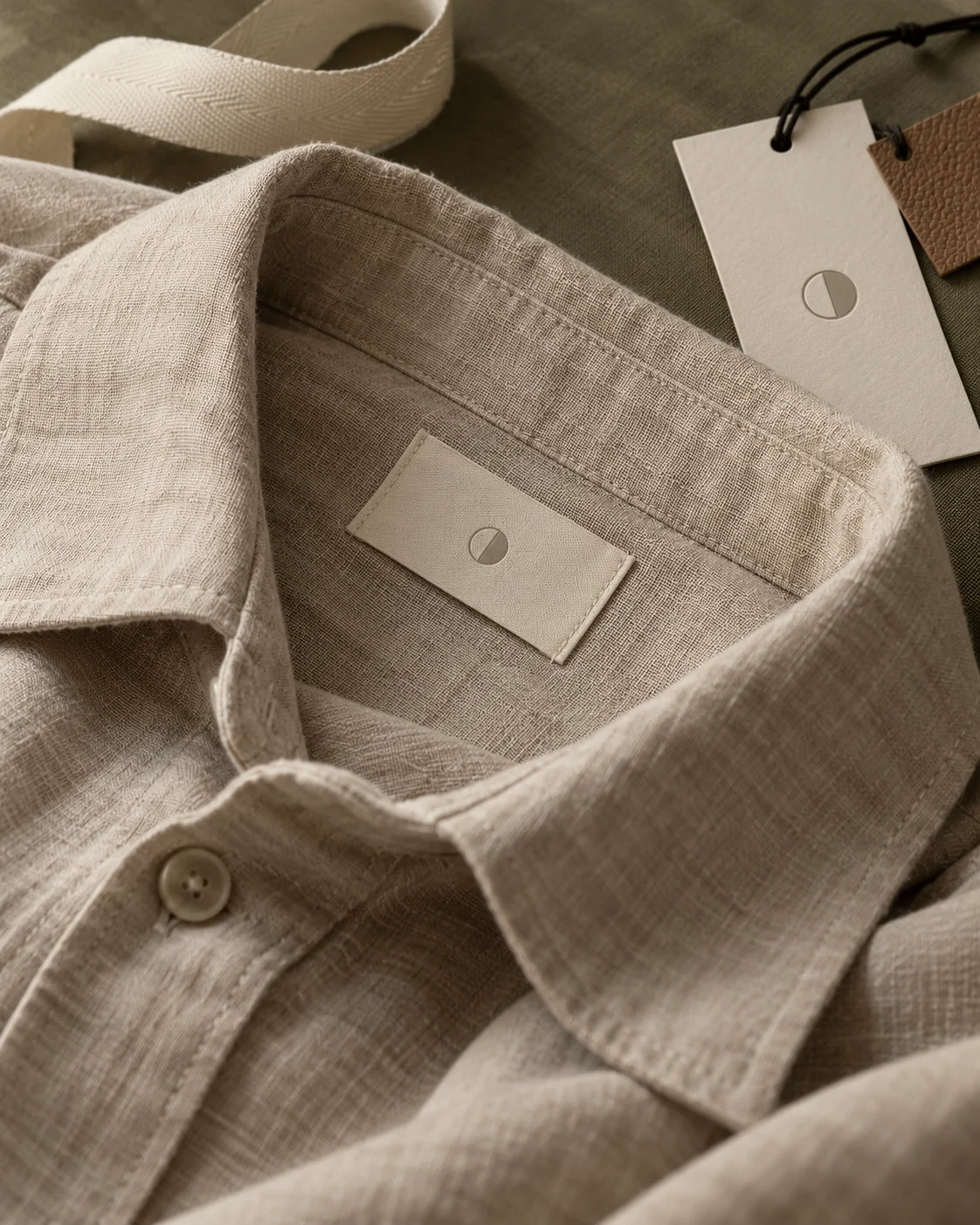 Illustrative close-up of a woven label sewn into a linen shirt, with a paper hang tag and woven tape