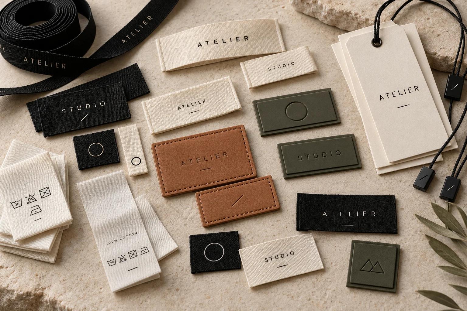 Illustrative arrangement of woven labels, PU patches, PVC patches, ribbons and paper hang tags
